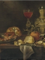 Adriaenssen, Alexander    A silver plate with seafood, a roll of bread, a 'Facon-de-Venise of red wine'
